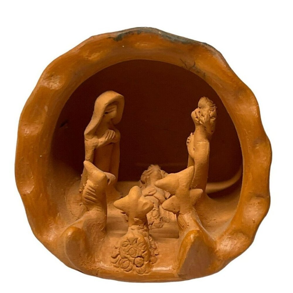 Vintage Terracotta Shell Nativity Scene.Handcarved Christmas decoration Seasonal